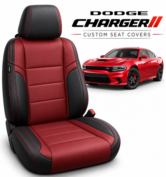 Dodge Charger burgundy and black custom-fit seat covers